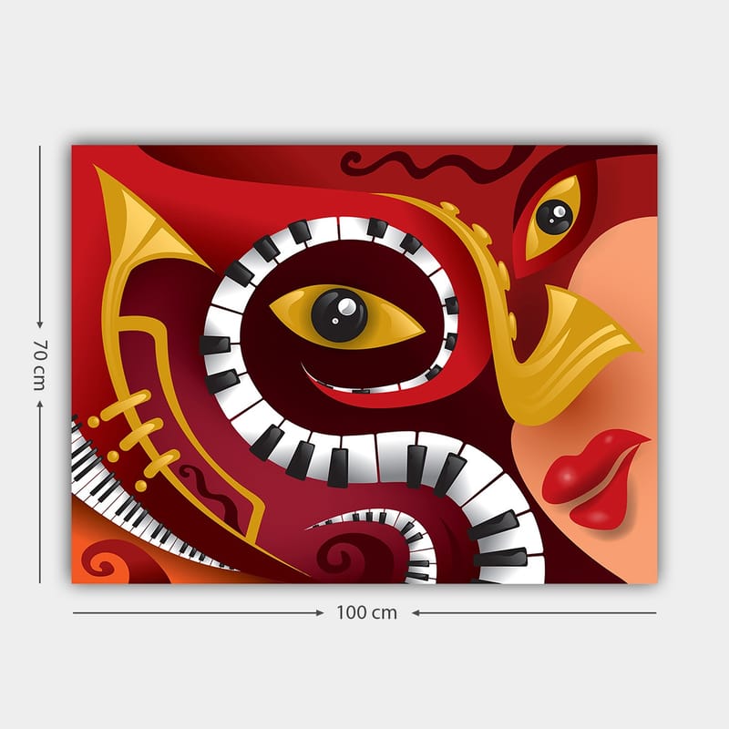 Lerretsbilde 70x100 cm - Fargerik og abstrakt komposisjon som kombinerer musikalske elementer med ansiktstrekk - Rød / Svart / Gul - Innredning - Bilder & kunst - Lerretsbilder