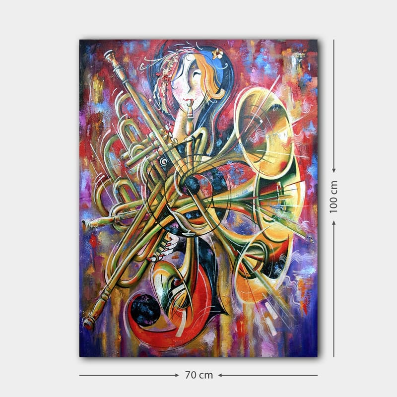 Lerretsbilde 70x100 cm - Fargerik og abstrakt skildring av en musiker omgitt av forskjellige blåseinstrumenter - Gull / Rød / Blå - Innredning - Bilder & kunst - Lerretsbilder