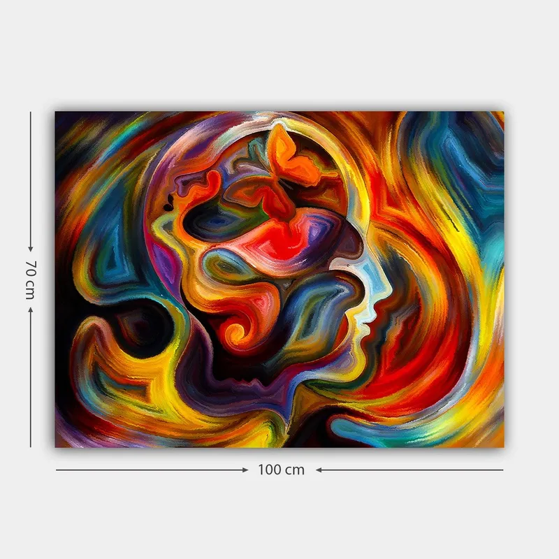 Lerretsbilde 70x100 cm - Fargerik og abstrakt skildring av en persons profil med elementer av en sommerfugl som symboliserer transformasjon og frihet - Rød / Oransje / Blå - Innredning - Bilder & kunst - Lerretsbilder