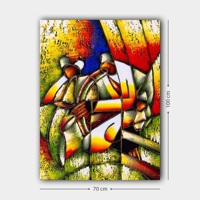 Lerretsbilde 70x100 cm - Fargerik og abstrakt skildring av mennesker som samhandler med hverandre - Grønn / Gul / Rød - Innredning - Bilder & kunst - Lerretsbilder