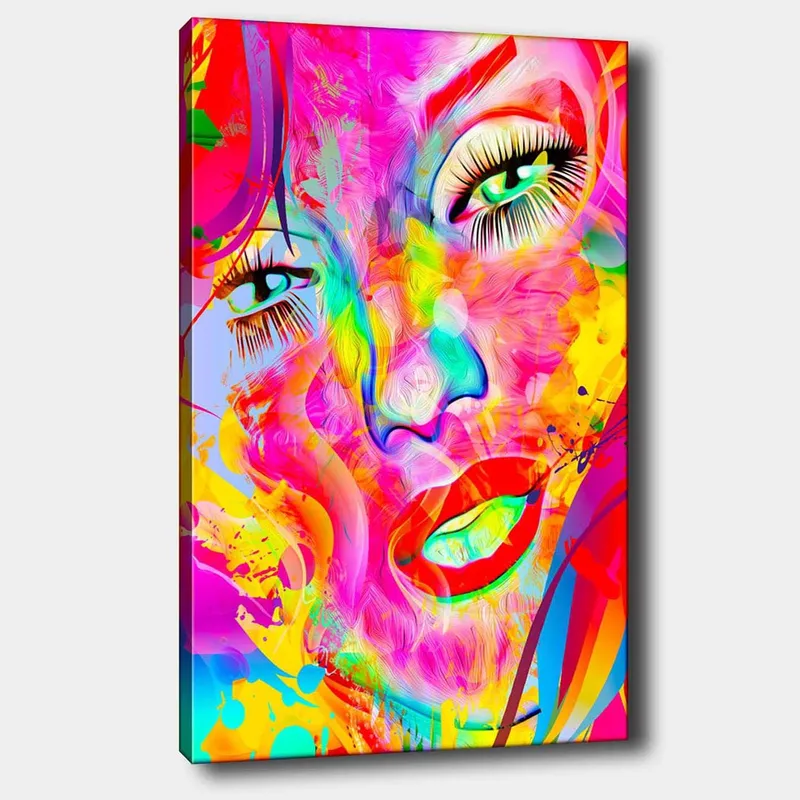 Lerretsbilde 70x100 cm - Fargerik og abstrakt portrett av en kvinne med uttrykksfulle øyne og lepper - Rosa / Gul / Grønn - Innredning - Bilder & kunst - Lerretsbilder