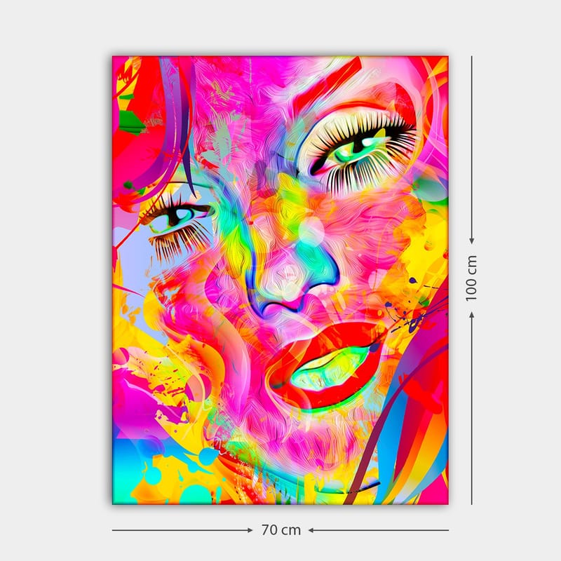 Lerretsbilde 70x100 cm - Fargerik og abstrakt portrett av en kvinne med uttrykksfulle øyne og lepper - Rosa / Gul / Grønn - Innredning - Bilder & kunst - Lerretsbilder