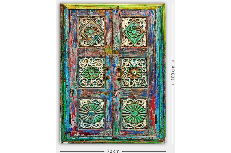 Lerretsbilde 70x100 cm - Fargerik og detaljert dør med intrikate utskjæringer og mønstre - Grønn / Blå / Rød - Innredning - Bilder & kunst - Lerretsbilder