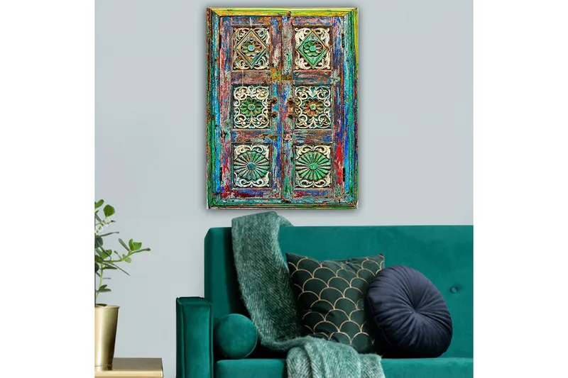 Lerretsbilde 70x100 cm - Fargerik og detaljert dør med intrikate utskjæringer og mønstre - Grønn / Blå / Rød - Innredning - Bilder & kunst - Lerretsbilder