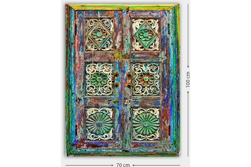 Lerretsbilde 70x100 cm - Fargerik og detaljert dør med intrikate utskjæringer og mønstre - Grønn / Blå / Rød - Innredning - Bilder & kunst - Lerretsbilder