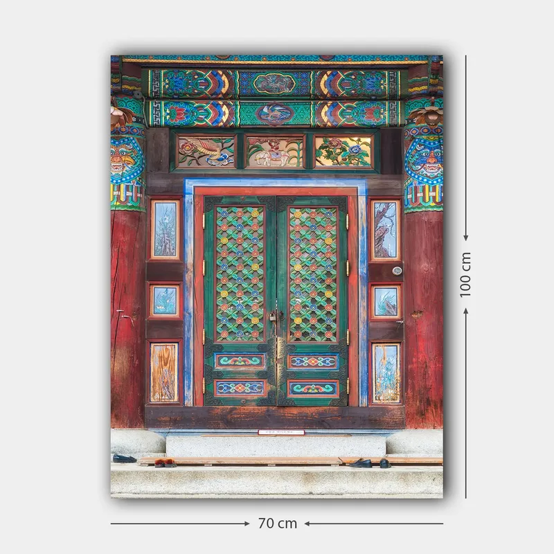 Lerretsbilde 70x100 cm - Fargerik og detaljert dør med tradisjonelle mønstre og dekorasjoner - Grønn / Rød / Blå - Innredning - Bilder & kunst - Lerretsbilder
