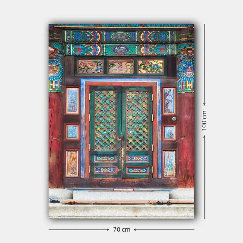 Lerretsbilde 70x100 cm - Fargerik og detaljert dør med tradisjonelle mønstre og dekorasjoner - Grønn / Rød / Blå - Innredning - Bilder & kunst - Lerretsbilder