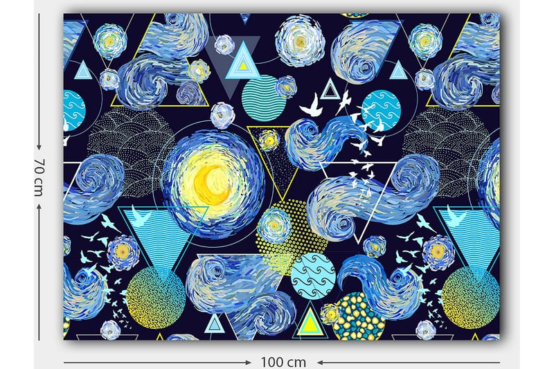 Lerretsbilde 70x100 cm - Fargerik og dynamisk tolkning av nattehimmelen med roterende galakser og geometriske former - Blå / Gul / Hvit - Innredning - Bilder & kunst - Lerretsbilder