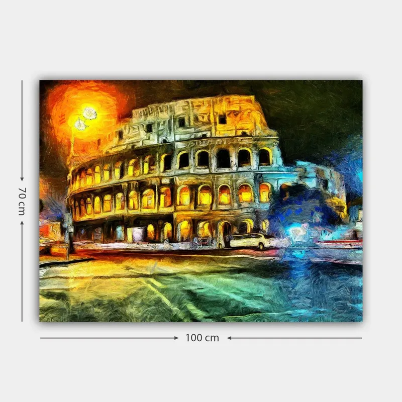Lerretsbilde 70x100 cm - Fargerik og impresjonistisk skildring av Colosseum i Roma, opplyst av gult og oransje lys - Gul / Blå / Oransje - Innredning - Bilder & kunst - Lerretsbilder