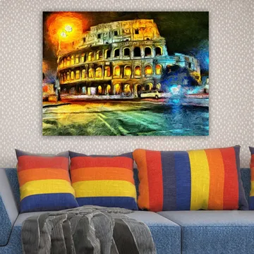 Lerretsbilde 70x100 cm - Fargerik og impresjonistisk skildring av Colosseum i Roma, opplyst av gult og oransje lys - Gul / Blå / Oransje - Innredning - Bilder & kunst - Lerretsbilder