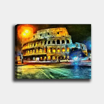 Lerretsbilde 70x100 cm - Fargerik og impresjonistisk skildring av Colosseum i Roma, opplyst av gult og oransje lys - Gul / Blå / Oransje - Innredning - Bilder & kunst - Lerretsbilder