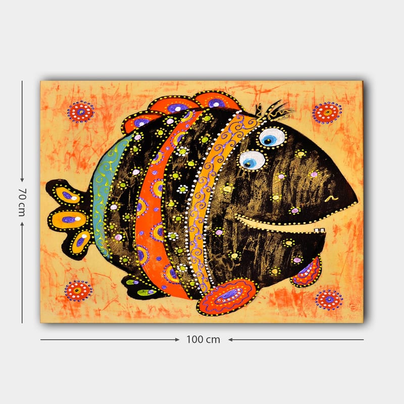 Lerretsbilde 70x100 cm - Fargerik og leken fisk med mønstre og store øyne - Svart / Oransje / Blå - Innredning - Bilder & kunst - Lerretsbilder