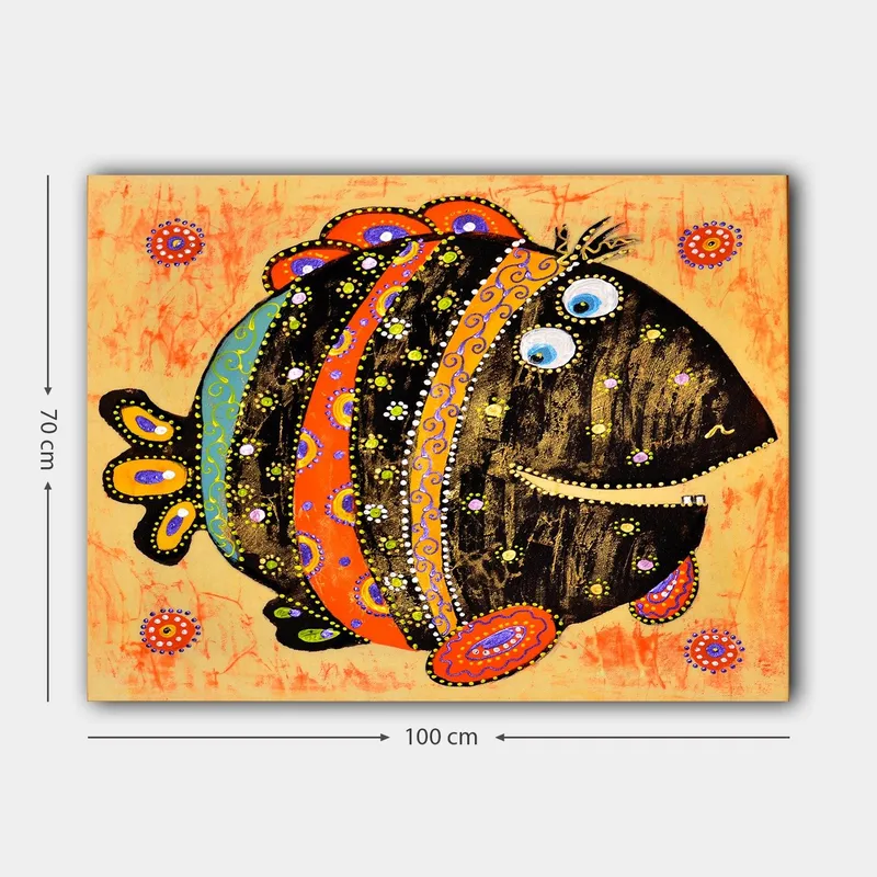 Lerretsbilde 70x100 cm - Fargerik og leken fisk med mønstre og store øyne - Svart / Oransje / Blå - Innredning - Bilder & kunst - Lerretsbilder