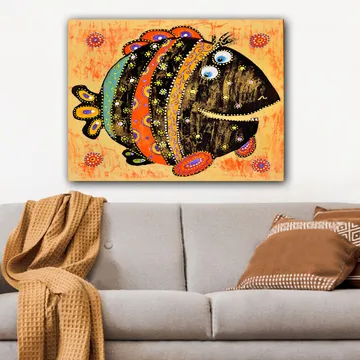 Lerretsbilde 70x100 cm - Fargerik og leken fisk med mønstre og store øyne - Svart / Oransje / Blå - Innredning - Bilder & kunst - Lerretsbilder