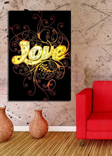 Lerretsbilde 70x100 cm - Fargerik og leken illustrasjon av ordet Love med dekorative spiraler - Gul / Oransje / Rød - Innredning - Bilder & kunst - Lerretsbilder
