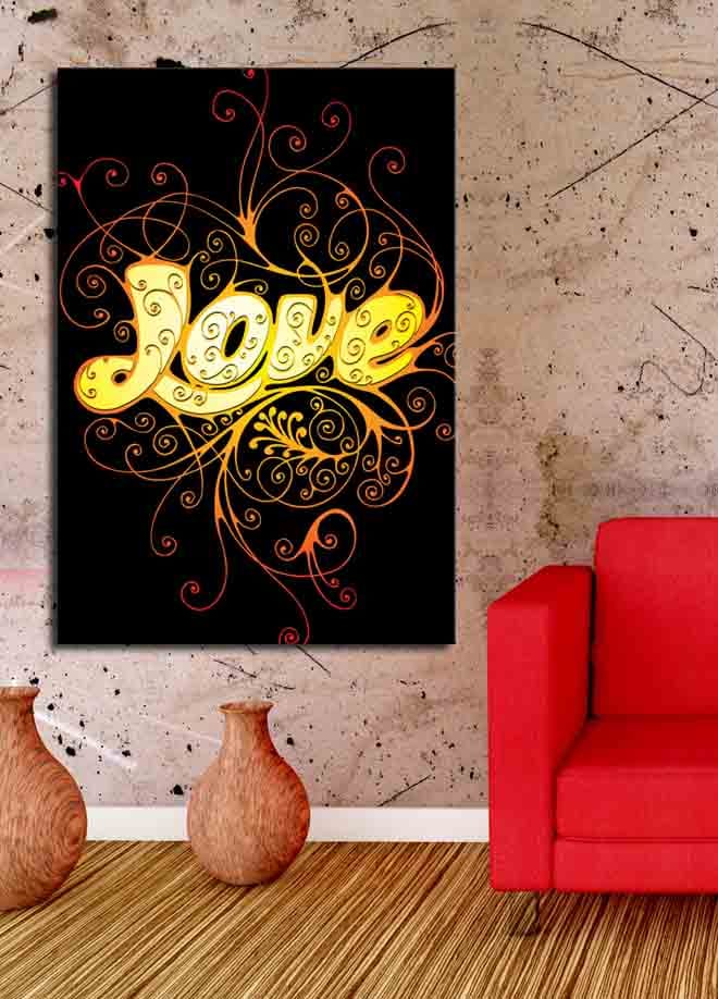 Lerretsbilde 70x100 cm - Fargerik og leken illustrasjon av ordet Love med dekorative spiraler - Gul / Oransje / Rød - Innredning - Bilder & kunst - Lerretsbilder