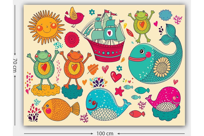 Lerretsbilde 70x100 cm - Fargerik og leken illustrasjon med glade frosker, fisk og et skip i et fantasifullt maritimt miljø - Turkis / Oransje / Rosa - Innredning - Bilder & kunst - Lerretsbilder