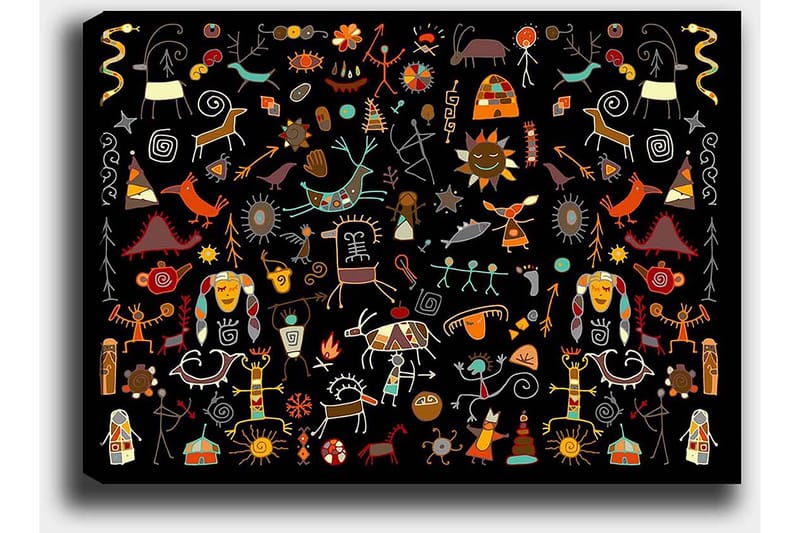 Lerretsbilde 70x100 cm - Fargerik og leken samling av symboler og figurer som representerer natur og kultur - Rød / Gul / Svart - Innredning - Bilder & kunst - Lerretsbilder
