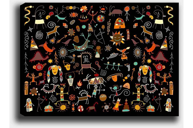 Lerretsbilde 70x100 cm - Fargerik og leken samling av symboler og figurer som representerer natur og kultur - Rød / Gul / Svart - Innredning - Bilder & kunst - Lerretsbilder