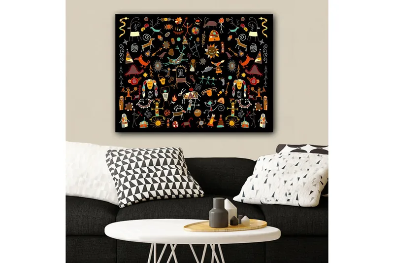 Lerretsbilde 70x100 cm - Fargerik og leken samling av symboler og figurer som representerer natur og kultur, Rød / Gul / Svart