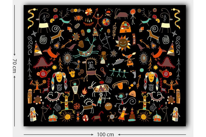 Lerretsbilde 70x100 cm - Fargerik og leken samling av symboler og figurer som representerer natur og kultur - Rød / Gul / Svart - Innredning - Bilder & kunst - Lerretsbilder