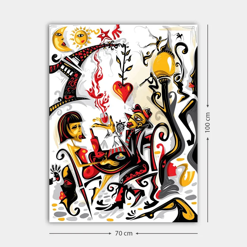 Lerretsbilde 70x100 cm - Fargerik og levende scene med en kvinne og en mann som samhandler, omgitt av symboler på kjærlighet og liv - Rød / Svart / Gul - Innredning - Bilder & kunst - Lerretsbilder