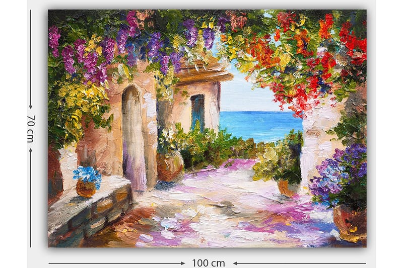 Lerretsbilde 70x100 cm - Fargerik og livlig smug med blomster og havutsikt - Lilla / Grønn / Rød - Innredning - Bilder & kunst - Lerretsbilder