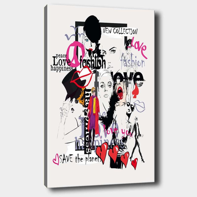 Lerretsbilde 70x100 cm - Fargerik og moderne kollasj av moteikoner og uttrykk for kjærlighet og fred, Rosa / Svart / Rød