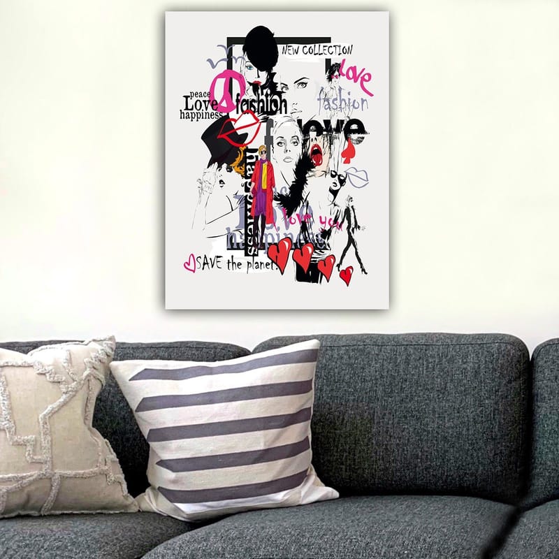Lerretsbilde 70x100 cm - Fargerik og moderne kollasj av moteikoner og uttrykk for kjærlighet og fred - Rosa / Svart / Rød - Innredning - Bilder & kunst - Lerretsbilder
