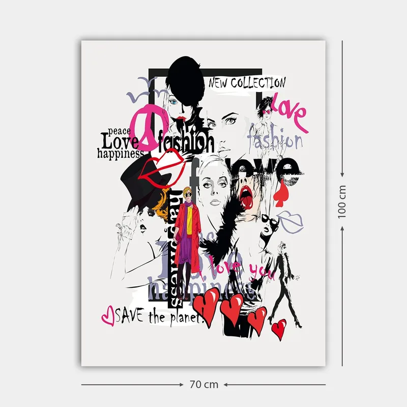 Lerretsbilde 70x100 cm - Fargerik og moderne kollasj av moteikoner og uttrykk for kjærlighet og fred - Rosa / Svart / Rød - Innredning - Bilder & kunst - Lerretsbilder