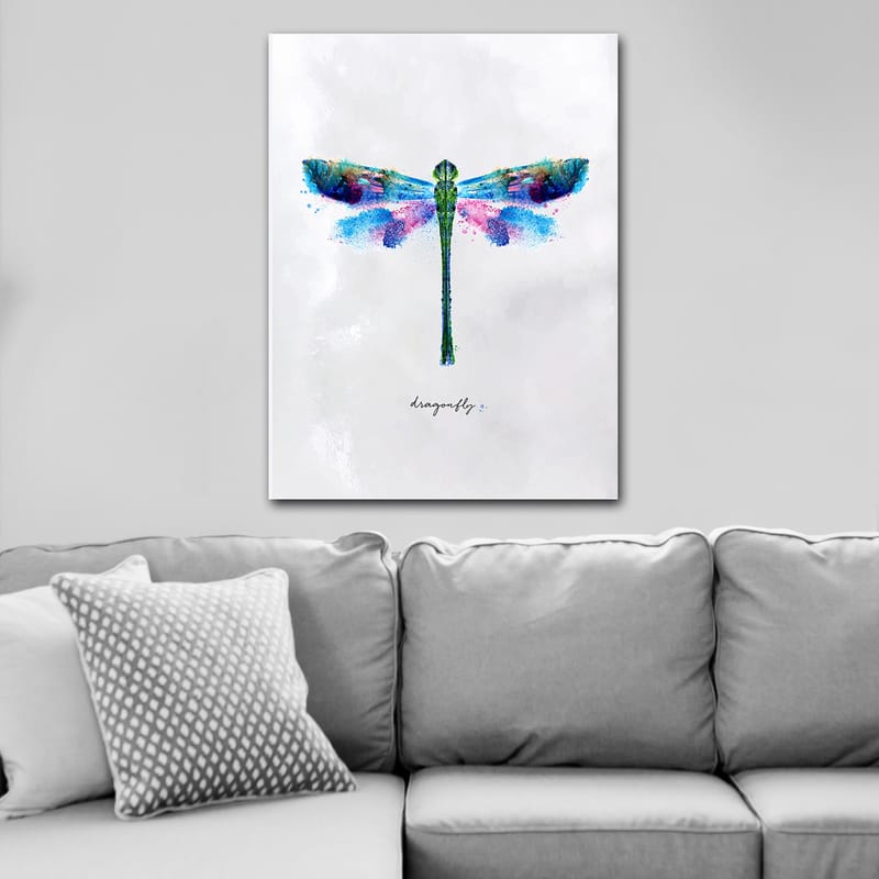 Lerretsbilde 70x100 cm - Fargerik og stilisert avbildning av en øyenstikker - Grønn / Blå / Rosa - Innredning - Bilder & kunst - Lerretsbilder