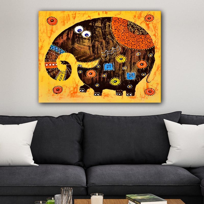 Lerretsbilde 70x100 cm - Fargerik og stilisert elefant med mønstre og detaljer - Mørk brun / Oransje / Gul - Innredning - Bilder & kunst - Lerretsbilder