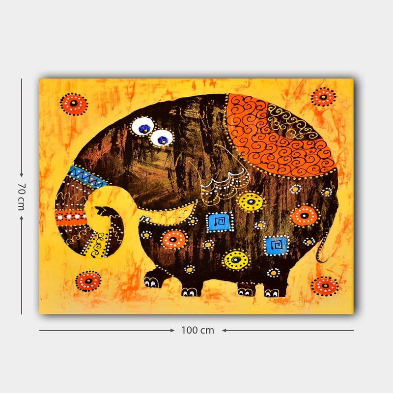 Lerretsbilde 70x100 cm - Fargerik og stilisert elefant med mønstre og detaljer - Mørk brun / Oransje / Gul - Innredning - Bilder & kunst - Lerretsbilder