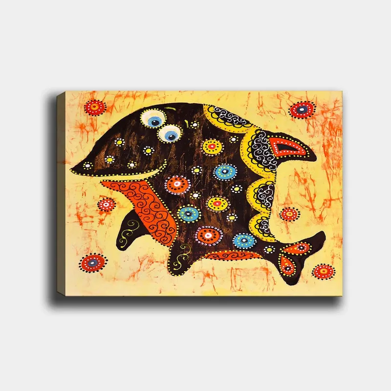 Lerretsbilde 70x100 cm - Fargerik og stilisert fisk med mønstre og detaljer i forskjellige farger - Svart / Oransje / Gul - Innredning - Bilder & kunst - Lerretsbilder