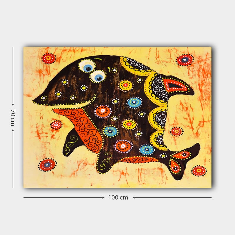 Lerretsbilde 70x100 cm - Fargerik og stilisert fisk med mønstre og detaljer i forskjellige farger - Svart / Oransje / Gul - Innredning - Bilder & kunst - Lerretsbilder