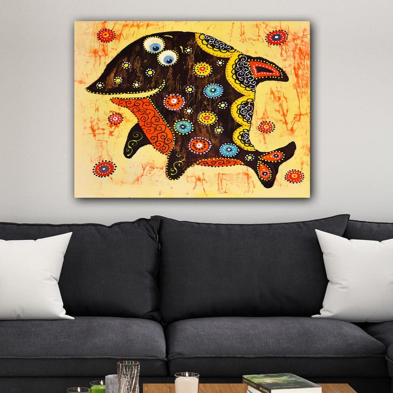 Lerretsbilde 70x100 cm - Fargerik og stilisert fisk med mønstre og detaljer i forskjellige farger - Svart / Oransje / Gul - Innredning - Bilder & kunst - Lerretsbilder