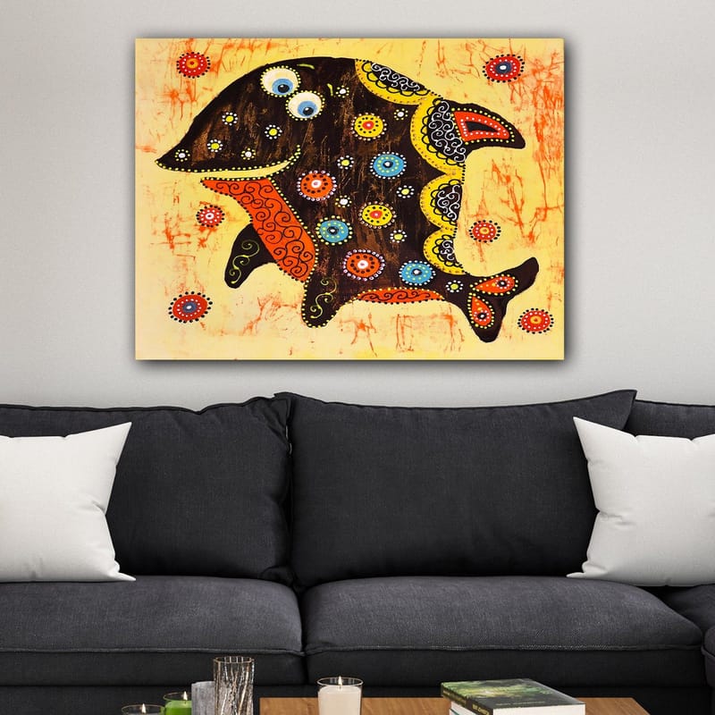 Lerretsbilde 70x100 cm - Fargerik og stilisert fisk med mønstre og detaljer i forskjellige farger - Svart / Oransje / Gul - Innredning - Bilder & kunst - Lerretsbilder