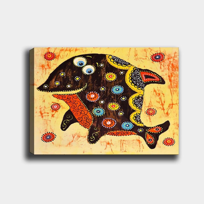Lerretsbilde 70x100 cm - Fargerik og stilisert fisk med mønstre og detaljer i forskjellige farger - Svart / Oransje / Gul - Innredning - Bilder & kunst - Lerretsbilder