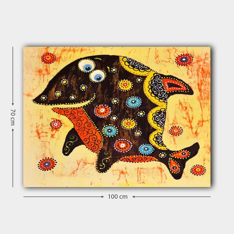 Lerretsbilde 70x100 cm - Fargerik og stilisert fisk med mønstre og detaljer i forskjellige farger - Svart / Oransje / Gul - Innredning - Bilder & kunst - Lerretsbilder