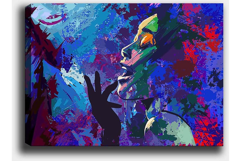 Lerretsbilde 70x100 cm - Fargerik og uttrykksfull portrettmaleri av en kvinne som gestikulerer med hånden mot ansiktet - Blå / Grønn / Lilla - Innredning - Bilder & kunst - Lerretsbilder