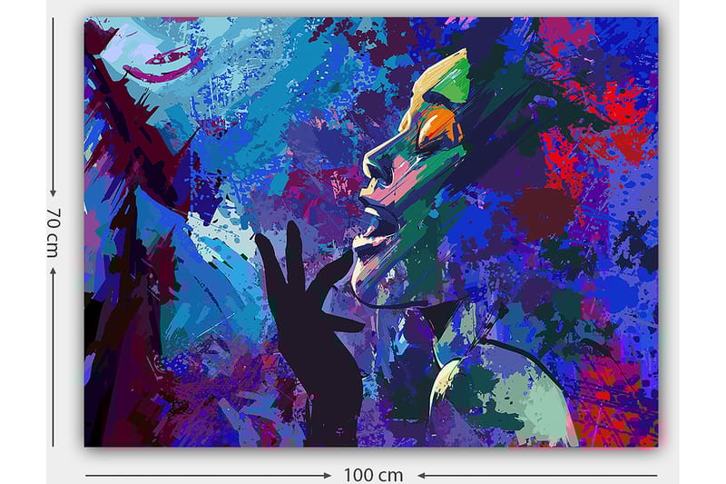Lerretsbilde 70x100 cm - Fargerik og uttrykksfull portrettmaleri av en kvinne som gestikulerer med hånden mot ansiktet - Blå / Grønn / Lilla - Innredning - Bilder & kunst - Lerretsbilder
