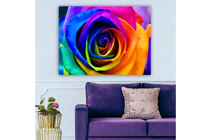 Lerretsbilde 70x100 cm - Fargerik rose med spiraler i regnbuens farger - Blå / Lilla / Oransje - Innredning - Bilder & kunst - Lerretsbilder