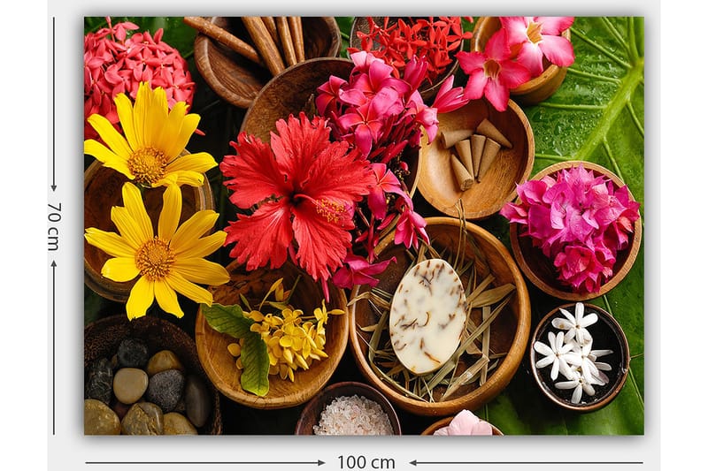 Lerretsbilde 70x100 cm - Fargerik samling av blomster og naturelementer i skåler - Rød / Gul / Rosa - Innredning - Bilder & kunst - Lerretsbilder