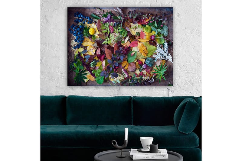 Lerretsbilde 70x100 cm - Fargerik samling av høstblader og bær - Grønn / Rød / Gul - Innredning - Bilder & kunst - Lerretsbilder