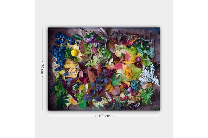 Lerretsbilde 70x100 cm - Fargerik samling av høstblader og bær - Grønn / Rød / Gul - Innredning - Bilder & kunst - Lerretsbilder