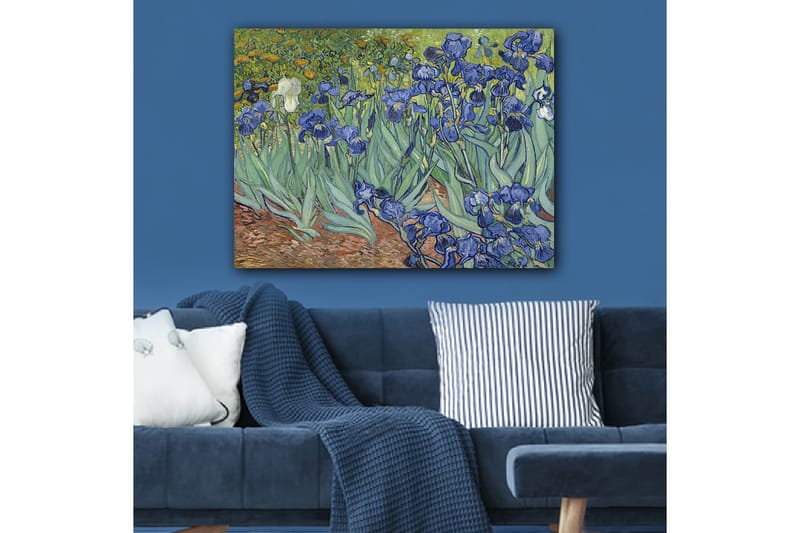 Lerretsbilde 70x100 cm - Fargerik samling av irisblomster i forskjellige blånyanser - Blå / Grønn / Hvit - Innredning - Bilder & kunst - Lerretsbilder