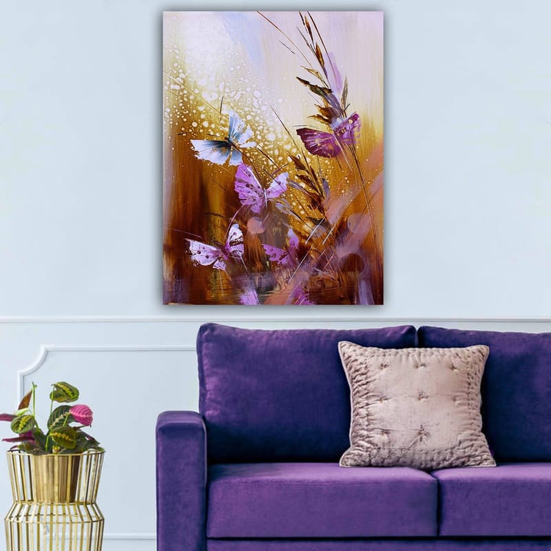 Lerretsbilde 70x100 cm - Fargerik samling av sommerfugler i et naturlig miljø - Lilla / Blå / Gyllenbrun - Innredning - Bilder & kunst - Lerretsbilder
