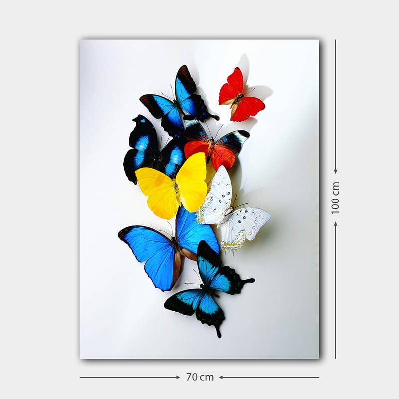 Lerretsbilde 70x100 cm - Fargerik samling av sommerfugler i forskjellige nyanser som skaper en levende og dynamisk komposisjon - Blå / Gul / Rød - Innredning - Bilder & kunst - Lerretsbilder