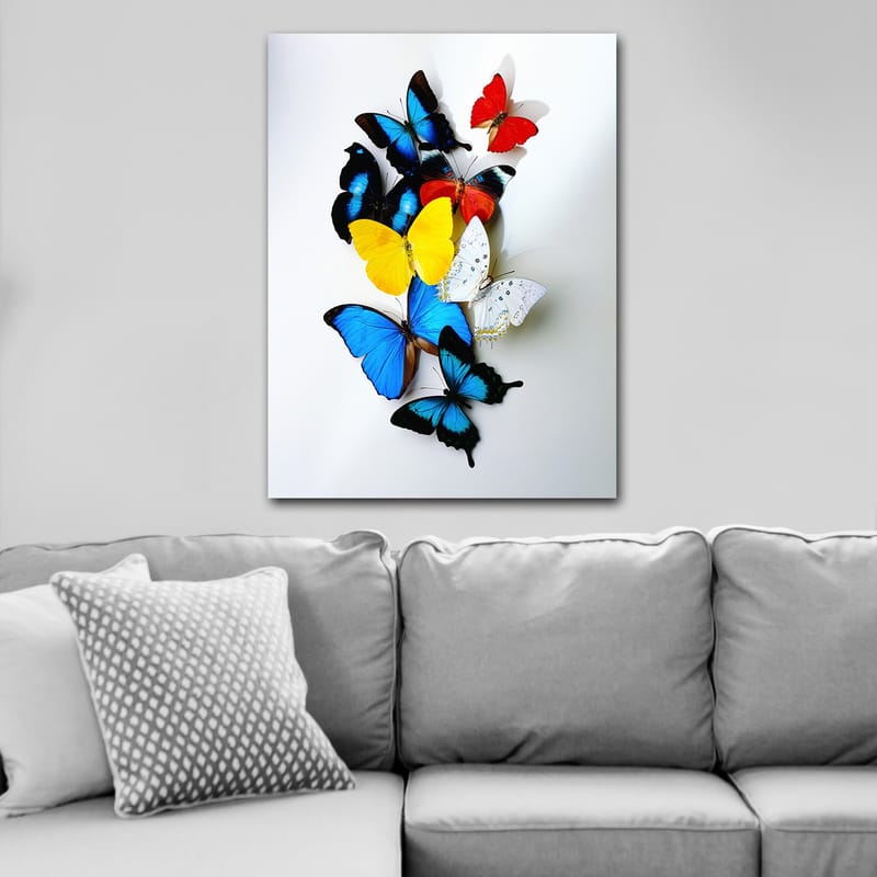 Lerretsbilde 70x100 cm - Fargerik samling av sommerfugler i forskjellige nyanser som skaper en levende og dynamisk komposisjon - Blå / Gul / Rød - Innredning - Bilder & kunst - Lerretsbilder
