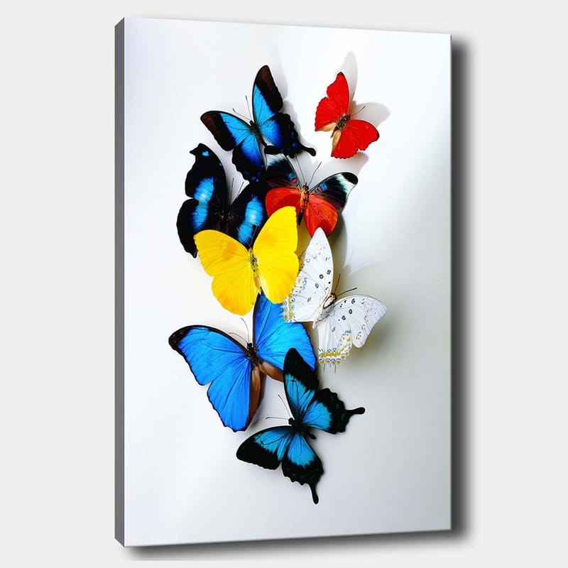 Lerretsbilde 70x100 cm - Fargerik samling av sommerfugler i forskjellige nyanser som skaper en levende og dynamisk komposisjon - Blå / Gul / Rød - Innredning - Bilder & kunst - Lerretsbilder